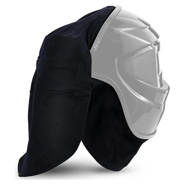 A black welded protection helmet and bib set with a clear visor shown from the side.