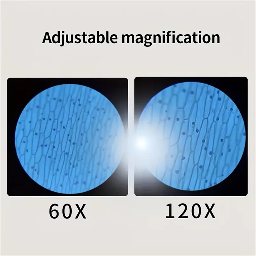 Image showing a handheld educational microscope with adjustable magnification settings of 60X and 120X.