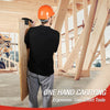 A person wearing an orange hard hat is using a professional plywood carrier and lifting tool in a construction setting.