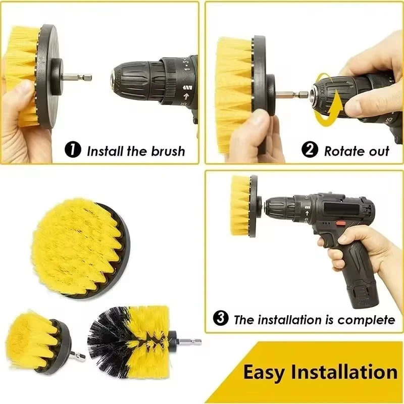Un jeu de trois brosses à perceuse jaune et noir montrées à différentes étapes d'installation pour un nettoyage en profondeur