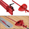 A precision miter gauge in red is shown with a blade on a piece of wood, used for cutting angles.