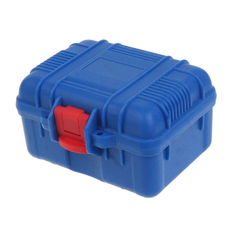 Blue impact-resistant watch storage case with a red latch.