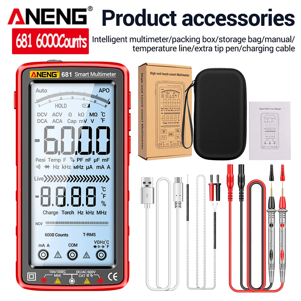 ENG 681 Smart Multimeter in rotem Gehäuse mit Zubehör wie einer Aufbewahrungstasche und Ladekabel
