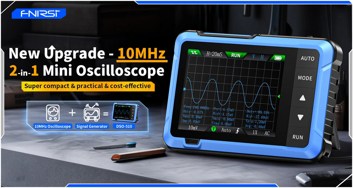 A blue digital oscilloscope is shown next to components for a 2-in-1 upgrade kit.
