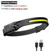 Black headlamp with a yellow light bar and a Type-C USB charging cable shown on a black strap.