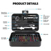 A black precision screwdriver set with various tools including tweezers, spudgers, and utility knives is displayed in an open