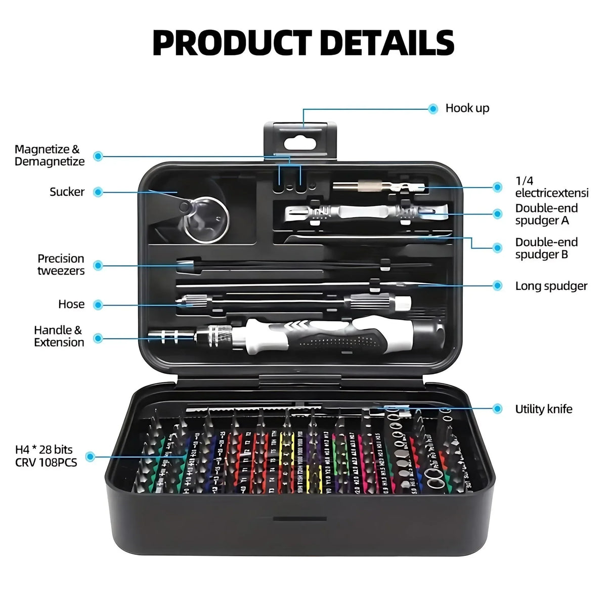 A black precision screwdriver set with various tools including tweezers, spudgers, and utility knives is displayed in an open