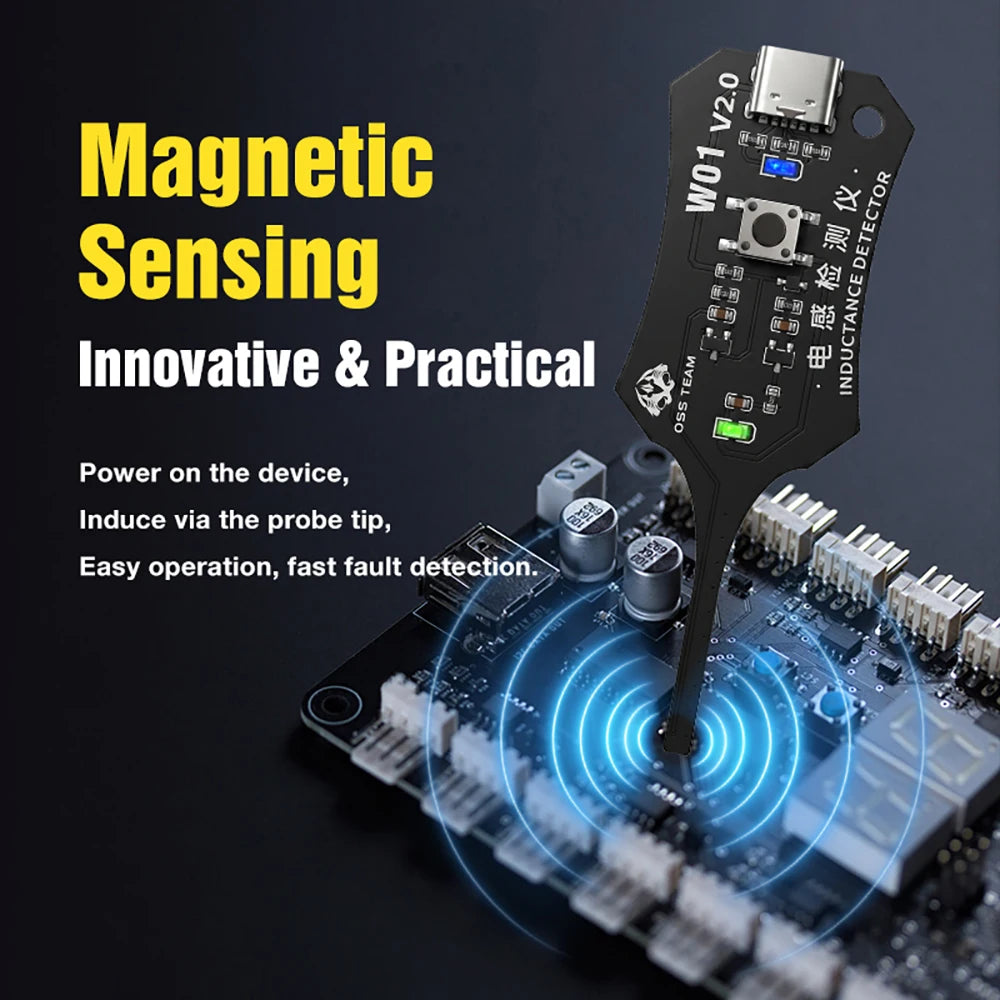 A magnetic sensing device with a probe tip is shown interacting with a circuit board for fault detection.