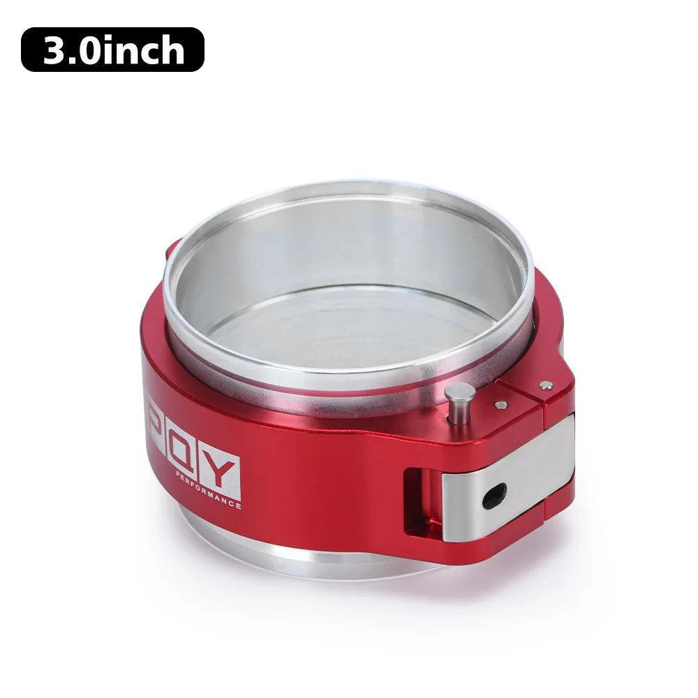 A red and silver aluminum V-band clamp used for radiator or turbo piping.