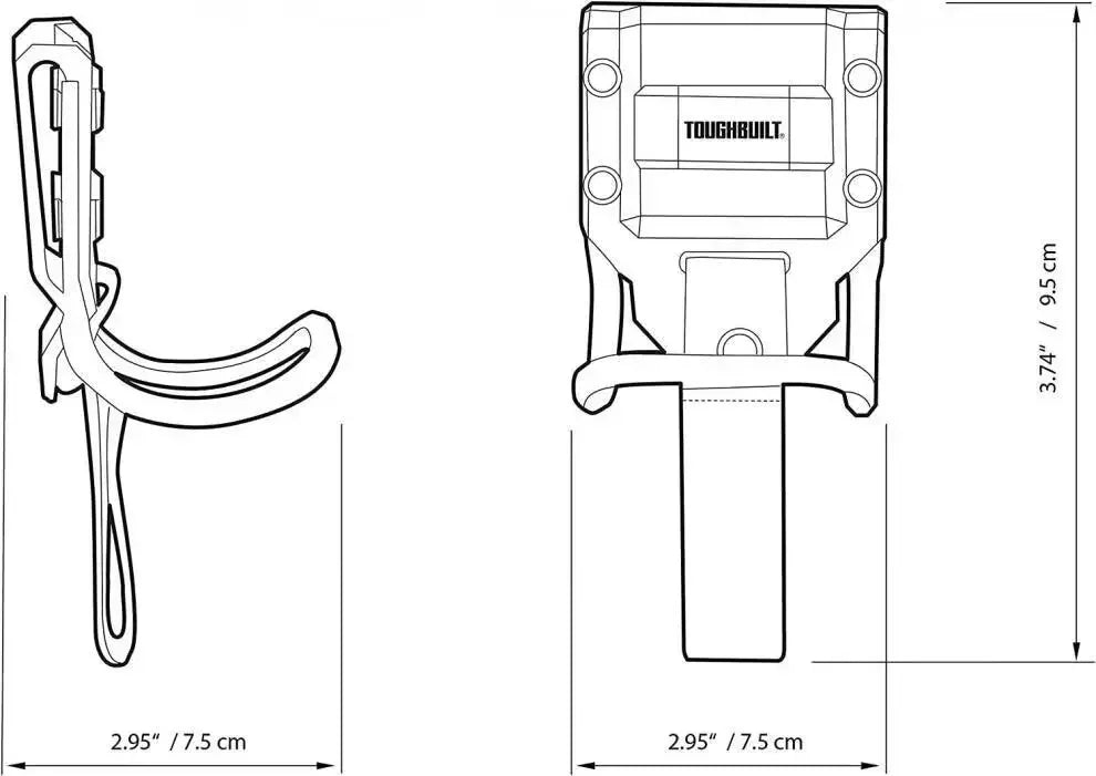 A diagram showing the dimensions and components of a ToughBuilt modular hanging hammer tool.