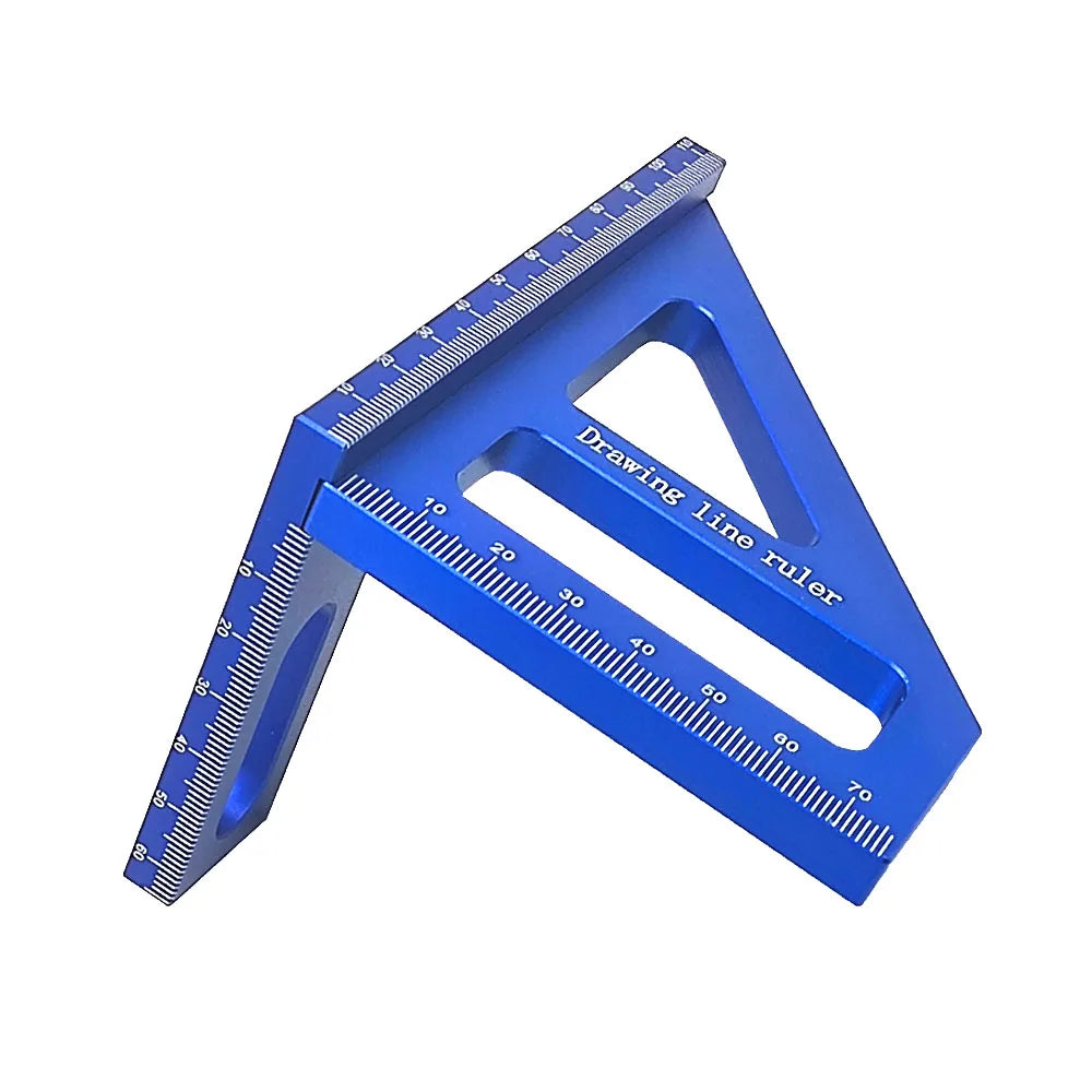 A blue precision angle and layout square ruler used for woodworking measurements.