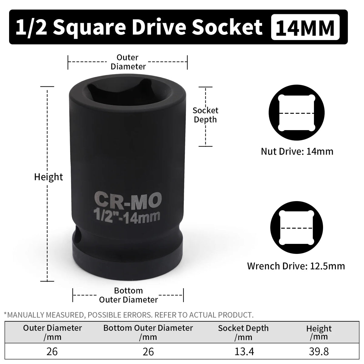 A black 1/2 square drive socket with a 14mm drive size and various dimensions shown.