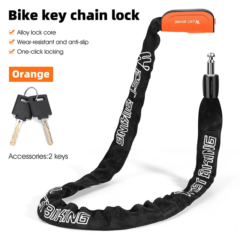 Porte-clés de vélo orange avec verrou en alliage et deux clés sur une sangle noire.
