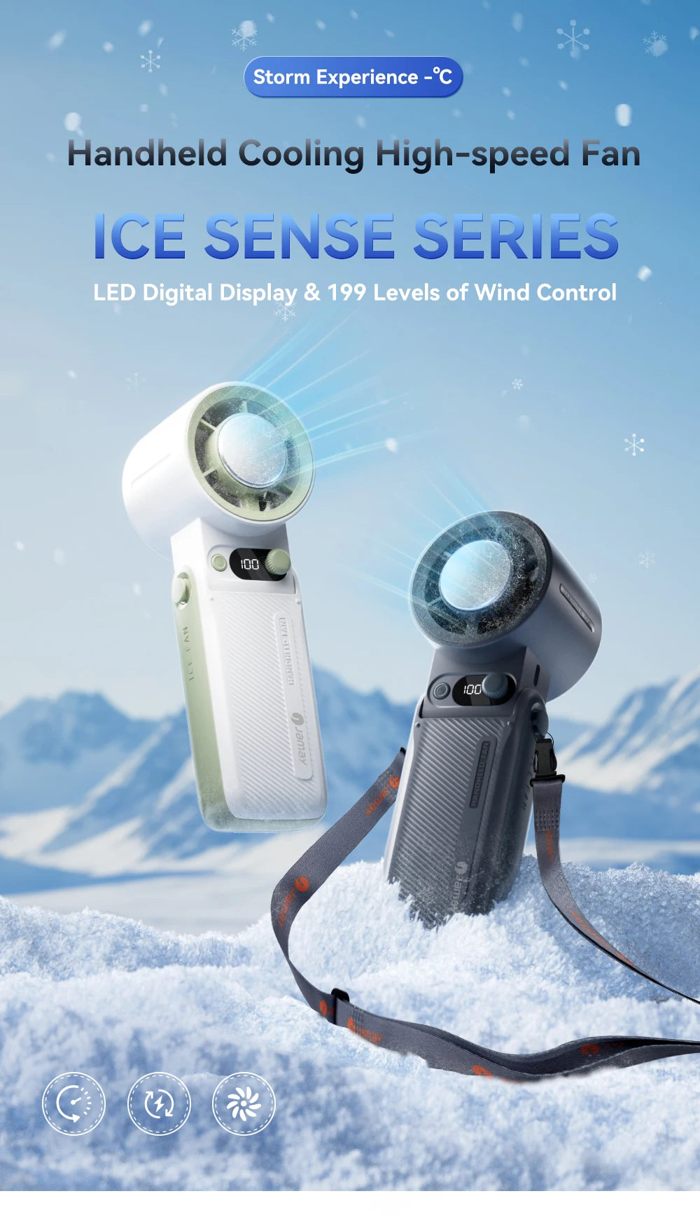 A handheld cooling fan with a digital display and control settings is shown against a snowy mountain background.