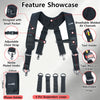 Feature showcase of a black heavy-duty tool belt with adjustable straps, needle-plated hooks, and four suspender loops.