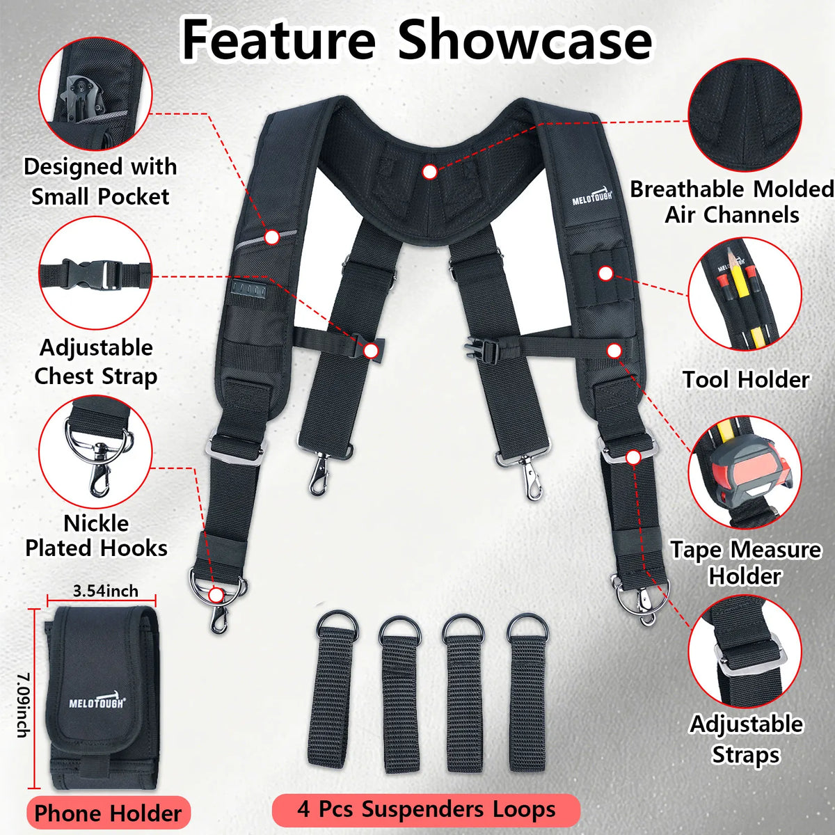 Feature showcase of a black heavy-duty tool belt with adjustable straps, needle-plated hooks, and four suspender loops.