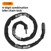 Cadenas de vélo à chaîne combiné noir à 4 chiffres avec deux clés, disposés en cercle.
