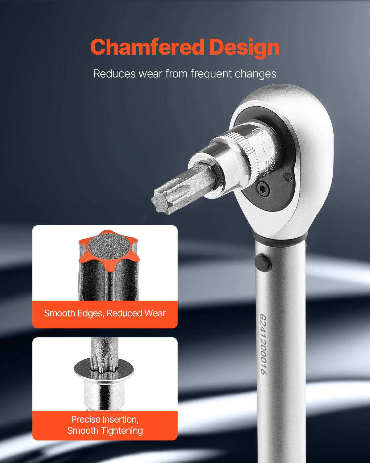 Close-up of a silver torx bit socket with chamfered design showing smooth edges and precise insertion.