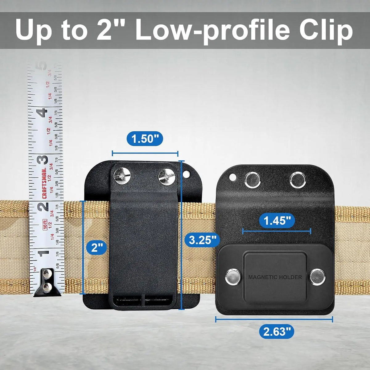 A black low-profile clip is shown attached to a tan tool belt, demonstrating its size and fit.