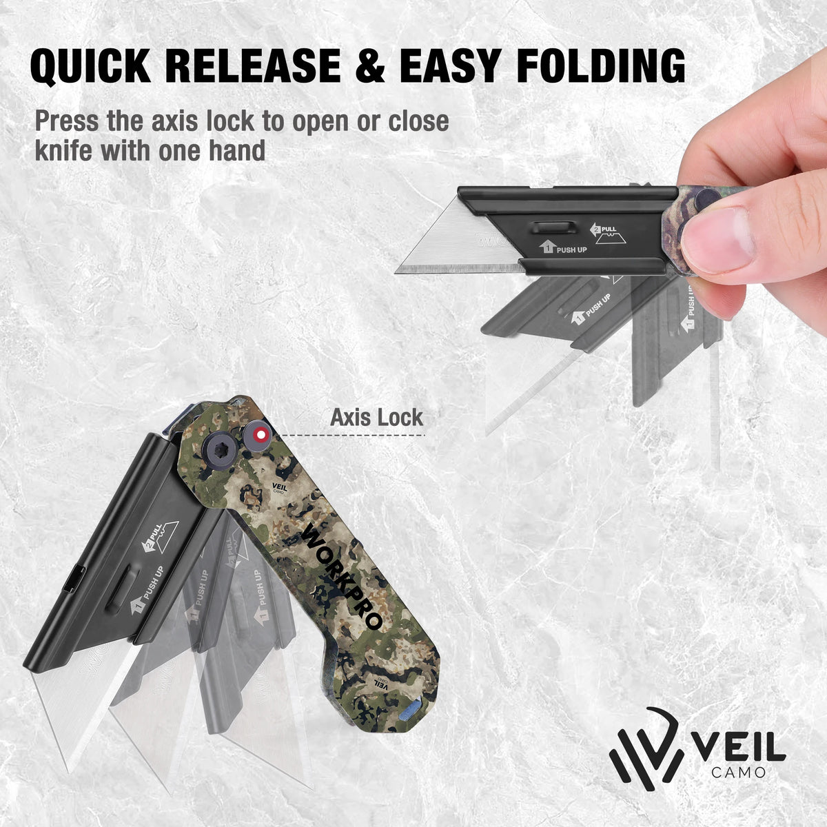 A hand demonstrates the quick release and easy folding mechanism of a 3-pack utility knife with an axis lock.