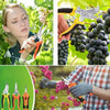 A set of three stainless steel gardening tools, including pruning shears and wire cutters, are shown in various contexts.