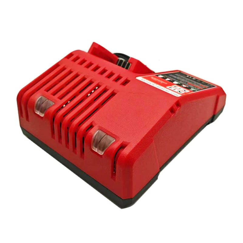 Red battery charger for Milwaukee 14.4V tools with a textured casing.