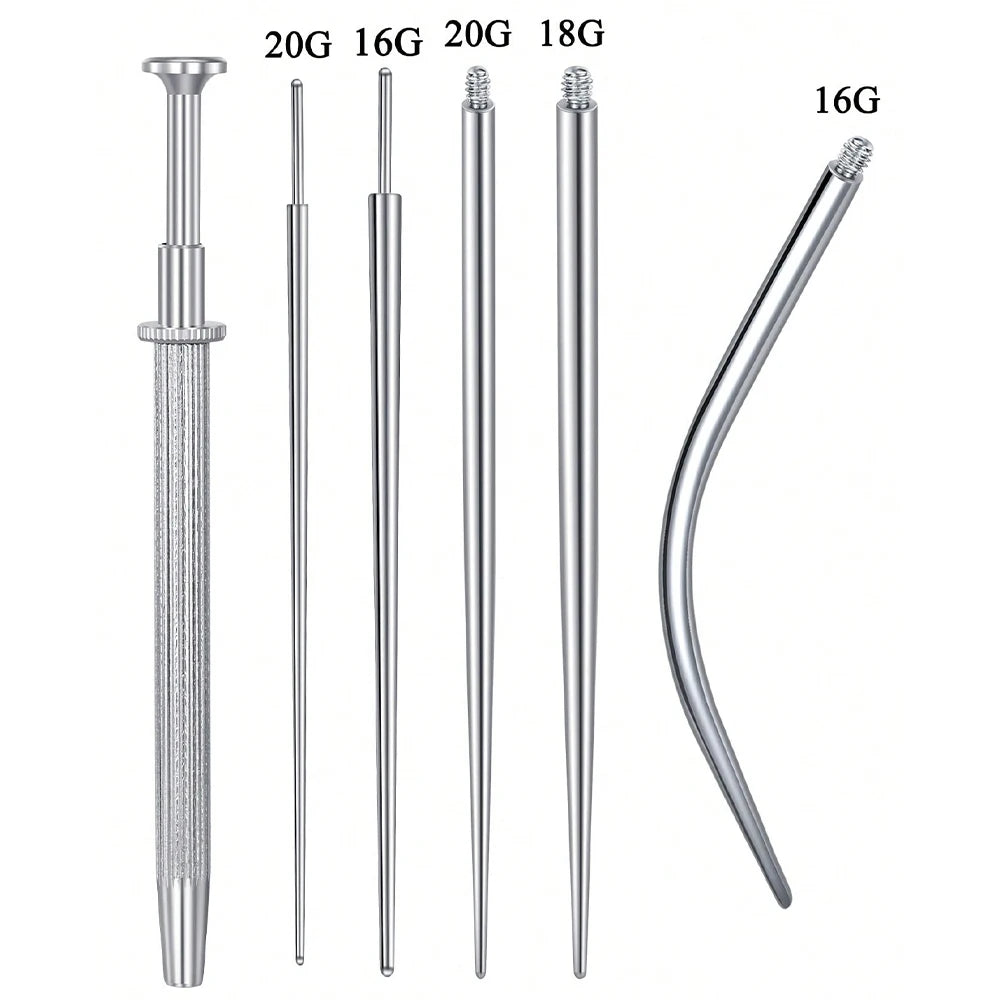 Stainless steel piercing ball grabber kit showing various gauge needles and a curved tool