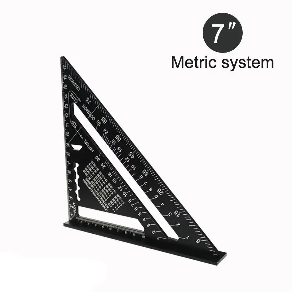 A black precision aluminum triangle ruler used for angle measuring in the metric system.