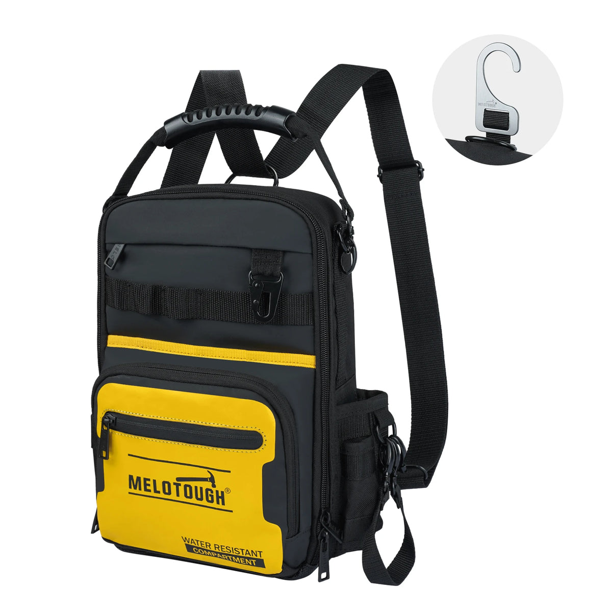 Mochila multiestera resistente negra y amarilla con gancho y varios compartimentos