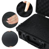 A black universal portable tool box with a shockproof carrying case shown from various angles.