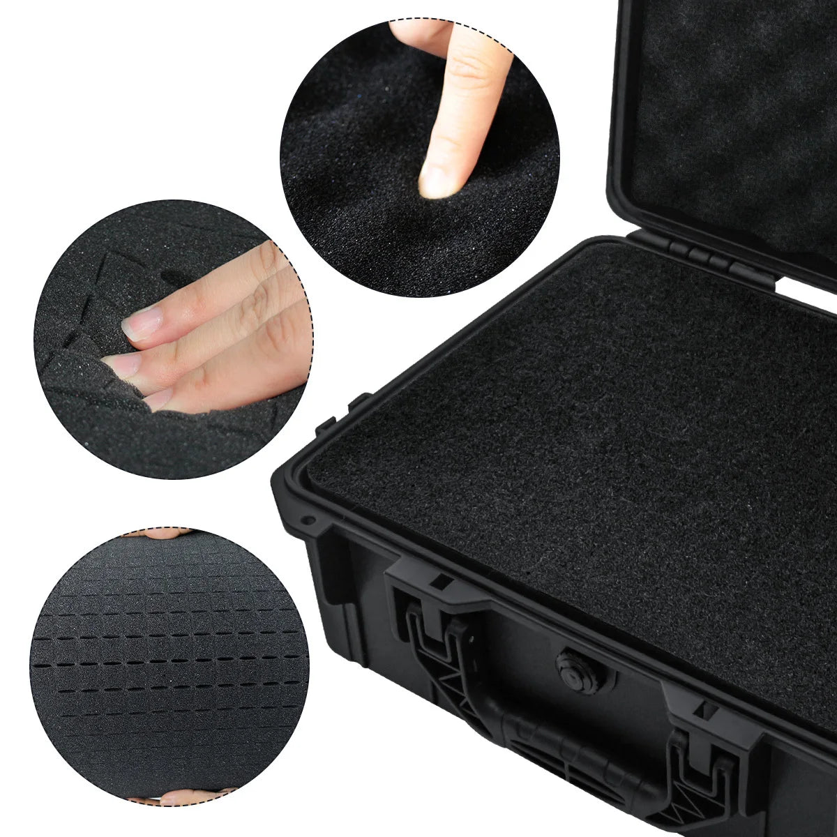A black universal portable tool box with a shockproof carrying case shown from various angles.