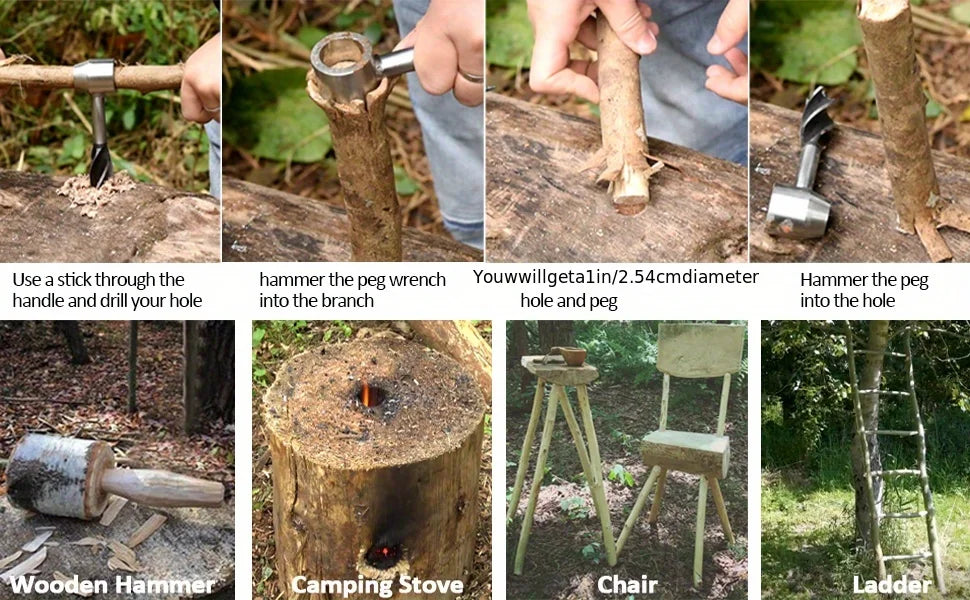 A set of tools including a stick, hammer, peg wrench, wooden hammer, camping stove, chair, and ladder for woodworking.