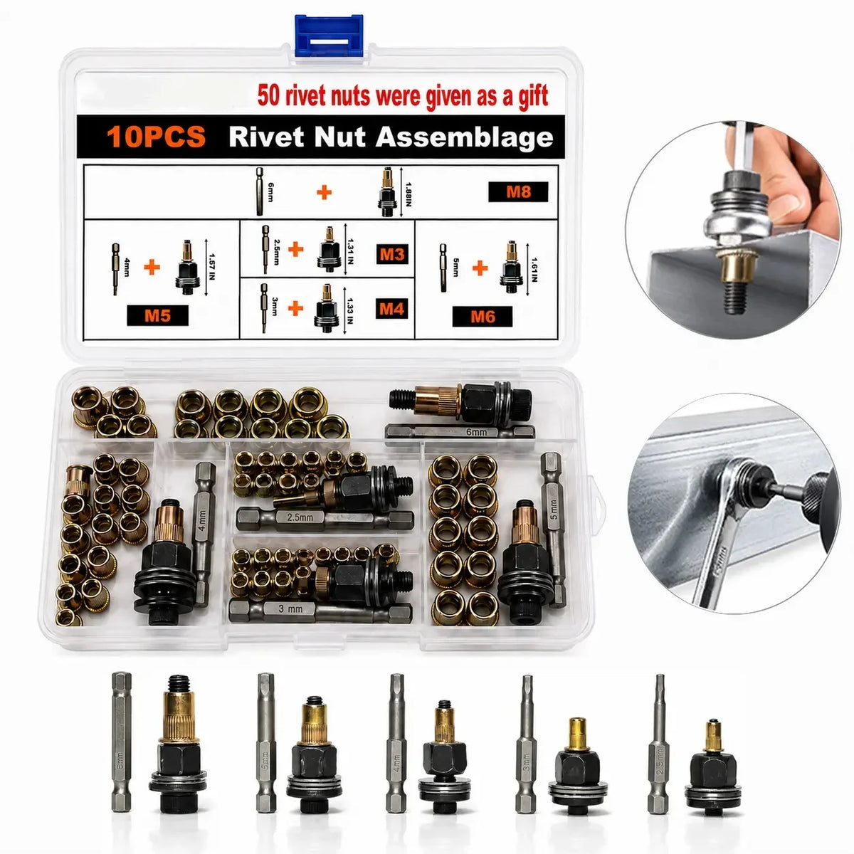 A kit of 50 rivet nuts and various rivet nut assemblages including M3, M4, and M6 sizes for professional use