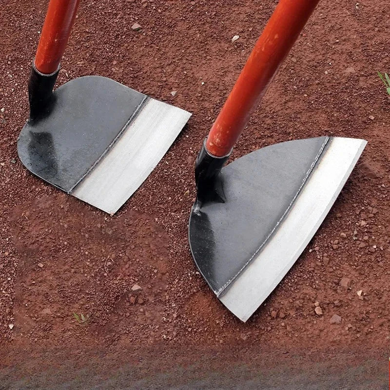 A pair of red-handled durable manganese steel garden hoes resting on brown soil.