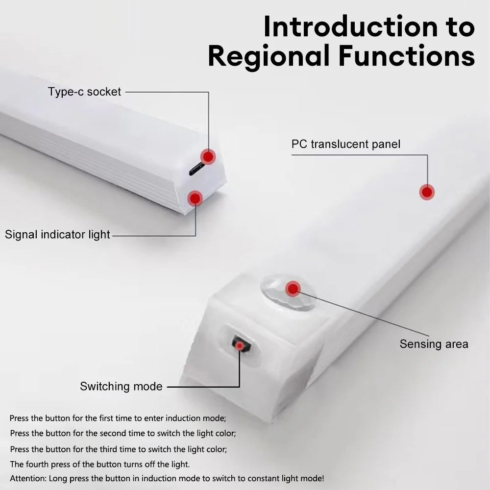 A white wireless LED motion sensor night light with a Type-c socket, signal indicator light, and sensing area.