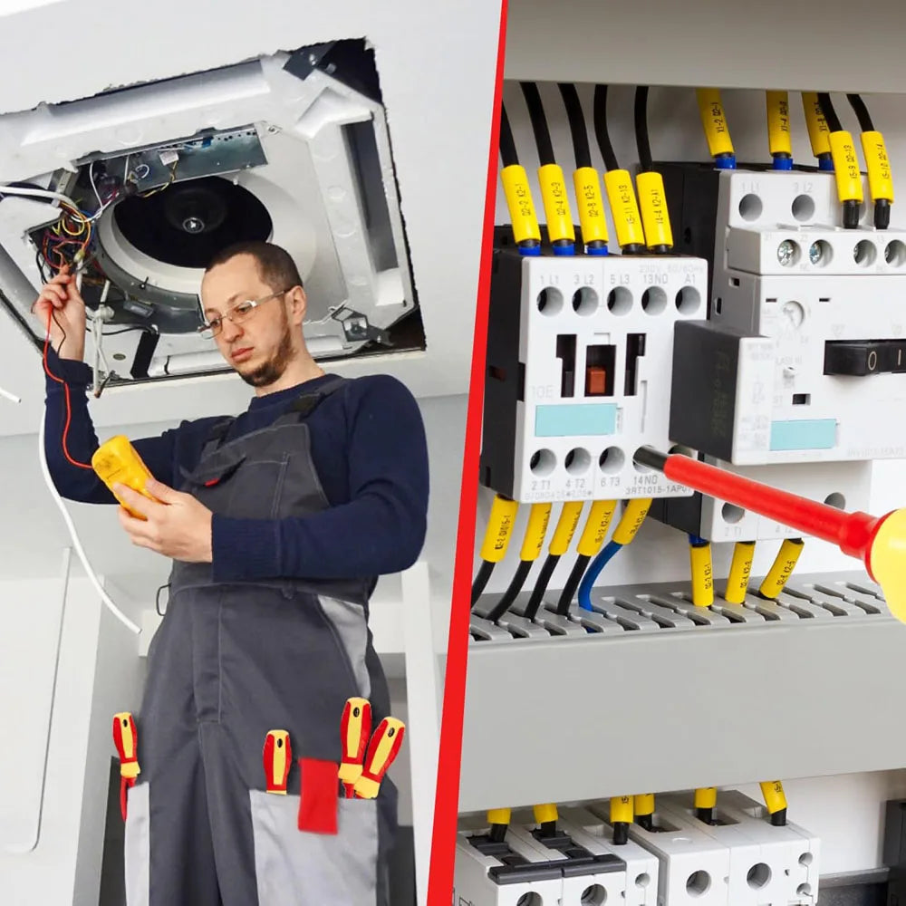A male electrician is using a precision magnetic screwdriver set on electrical components.