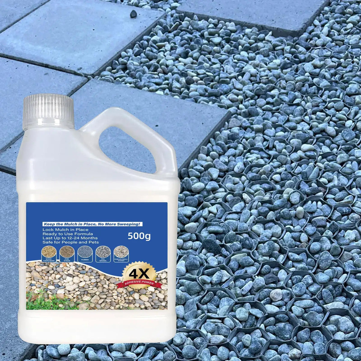 Bouteille en plastique blanc de colle pour gravier et roches, posée sur une surface pavée bleue avec de petits graviers gris
