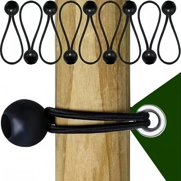Ein Satz schwarzer, verstellbarer elastischer Seilfessel, befestigt an einem Holzpfahl.