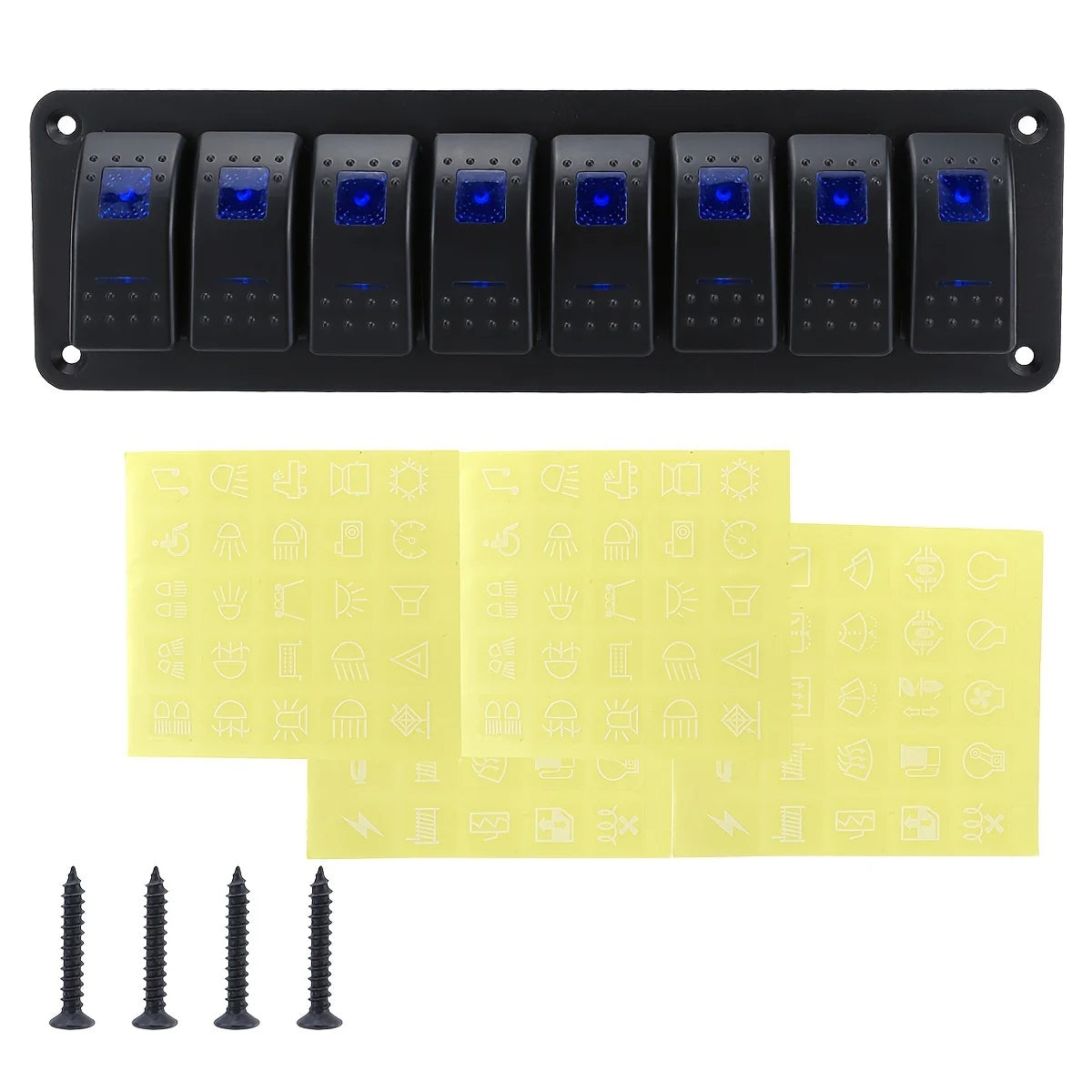 Black multi-group rocker switch panel with multiple blue switches and yellow light patterns