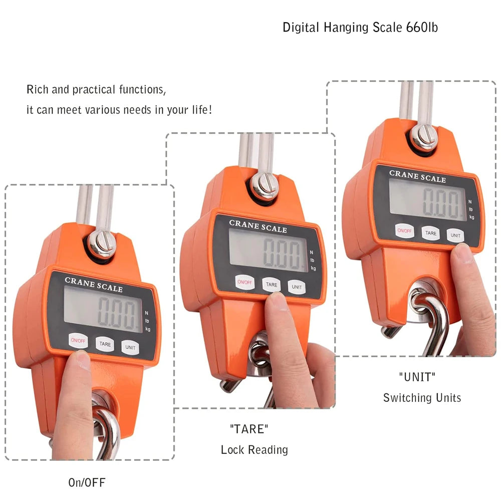 An orange digital hanging scale is shown with a hand operating the ON/OFF and TARE functions.