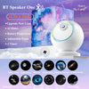 A white projector lamp featuring various celestial objects like the Milky Way, Saturn, and a black hole.