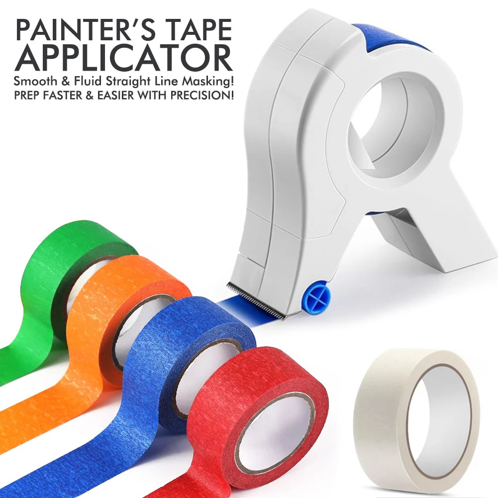 A white painter's tape applicator tool is shown next to several rolls of colored masking tape.