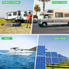 Ein weißer Wohnwagen steht neben einem Solarpaneel-Array auf einem sonnigen Feld.