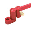 A red adjustable drawing circle ruler with a brass adjustment mechanism and markings.