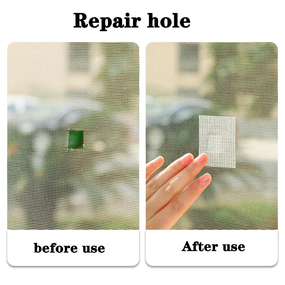 Comparison showing a mosquito screen with a repaired hole before and after using reusable repair tape.