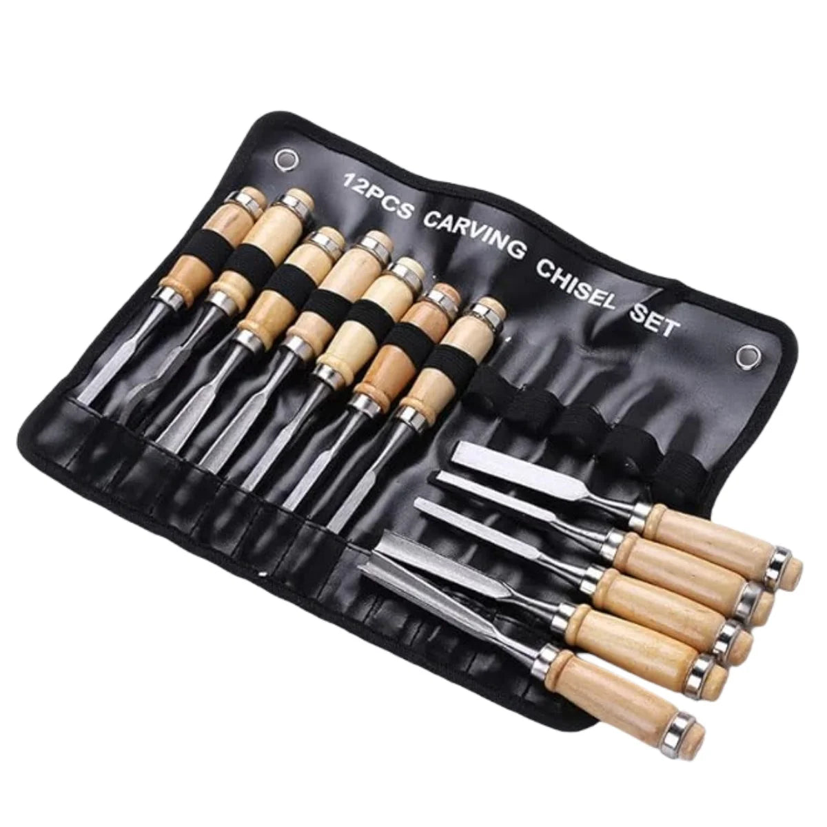 A black pouch containing a 12-piece wooden carving chisel set with metal blades.
