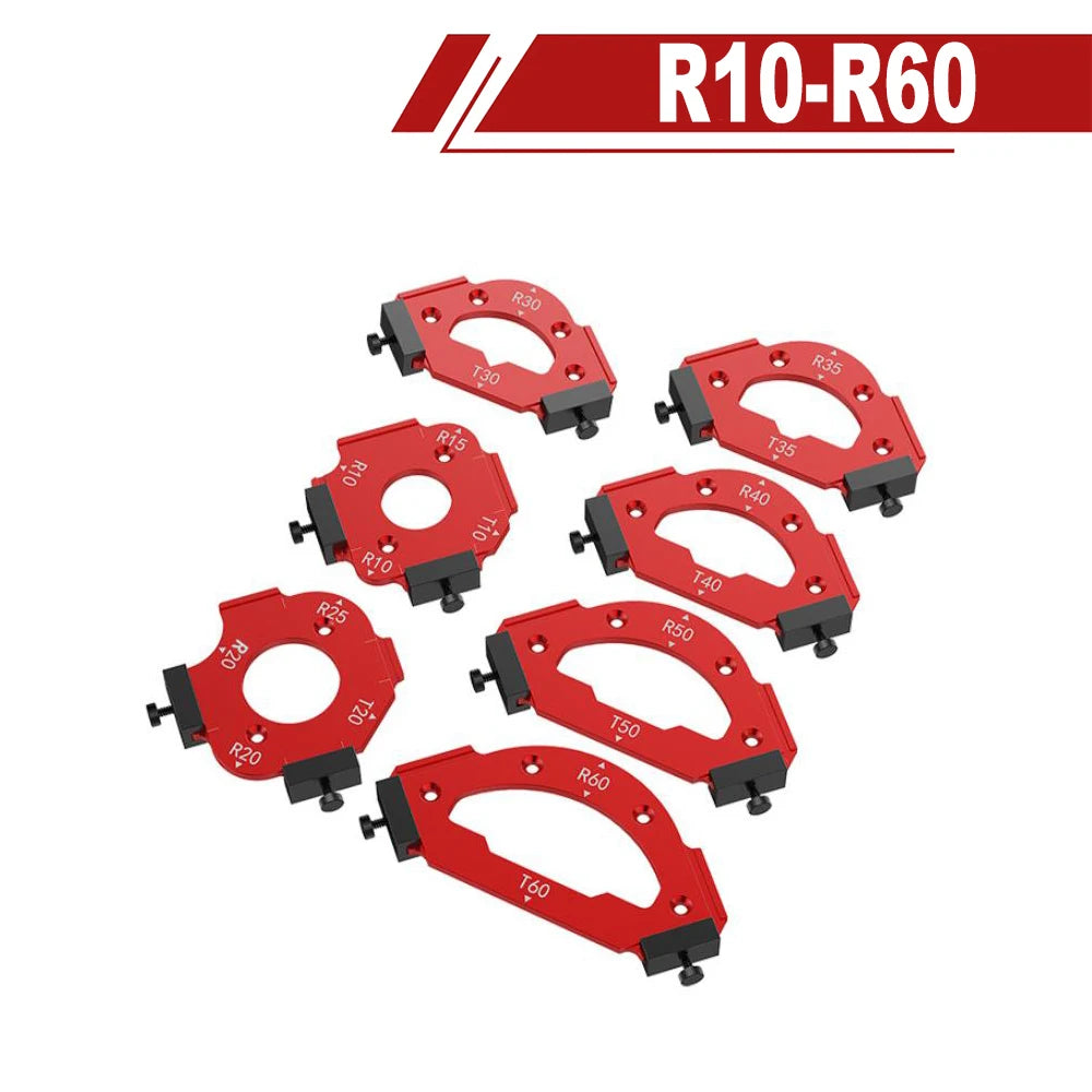 A set of precision radius jigs for woodworking, numbered R10 through R60, displayed in red.