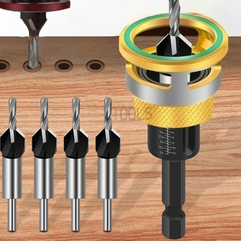 A set of adjustable countersink drill bits with various sizes and finishes shown against a wooden background.