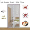 Anti-mosquito curtain featuring nails and velcro for doors and windows, shown with pests and a dog.
