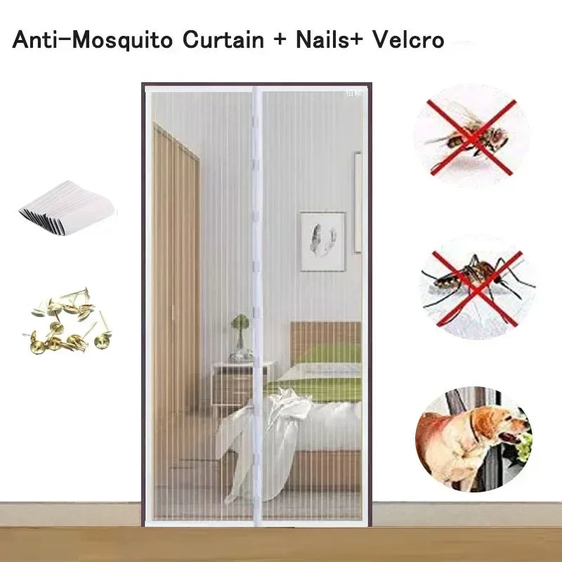 Anti-mosquito curtain featuring nails and velcro for doors and windows, shown with pests and a dog.